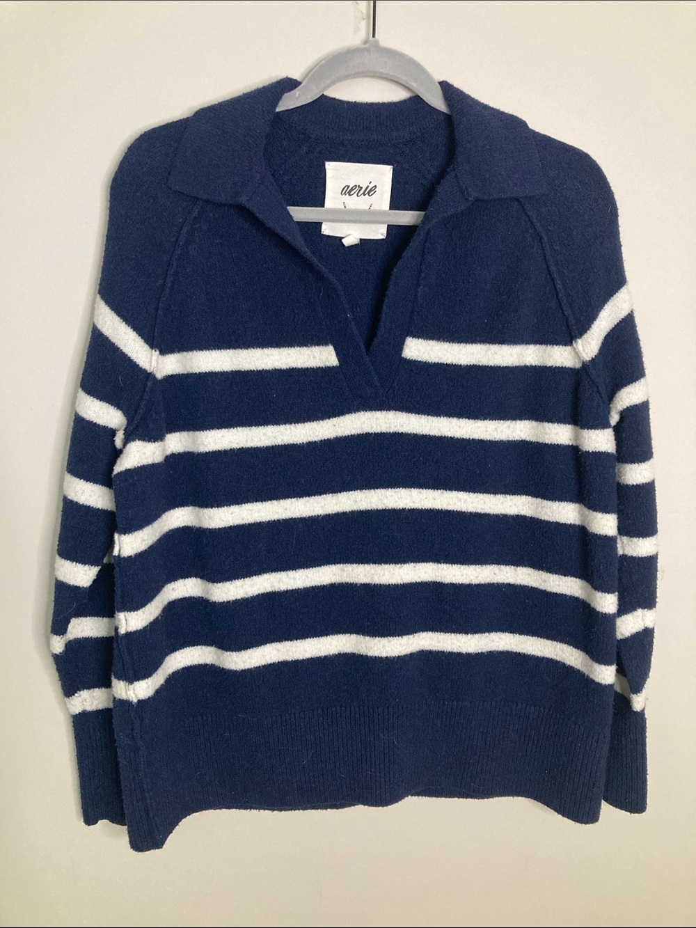 aerie Navy & White Striped V‑Neck Polo Sweater